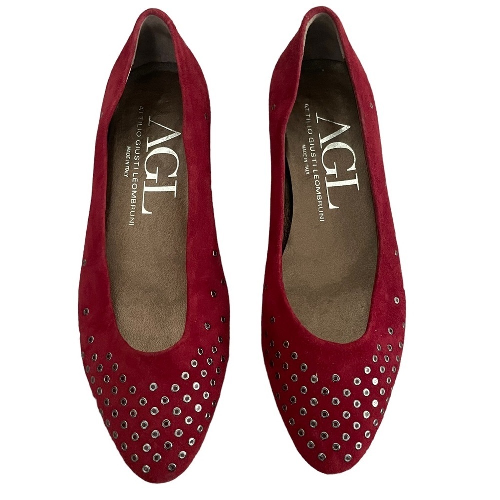 AGL Flats Size 37 US 7 Red Suede Grommet Studs Pointed Almond Toe